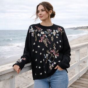 Heirloom Collectibles XL Coastal Embroidered Floral Sweater Black Ramie Cotton